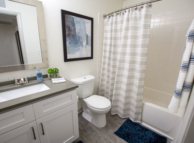 Your luxe bathroom at Icon Avondale. Toilet, Tub, white cabinets, gray countertops, mirror, shower curtain.